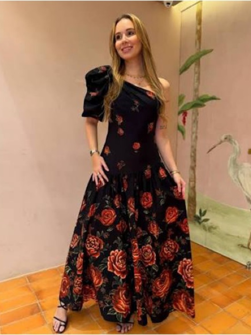 FARM Rio Black One-Shoulder Maxi Dress with Red Rose Print